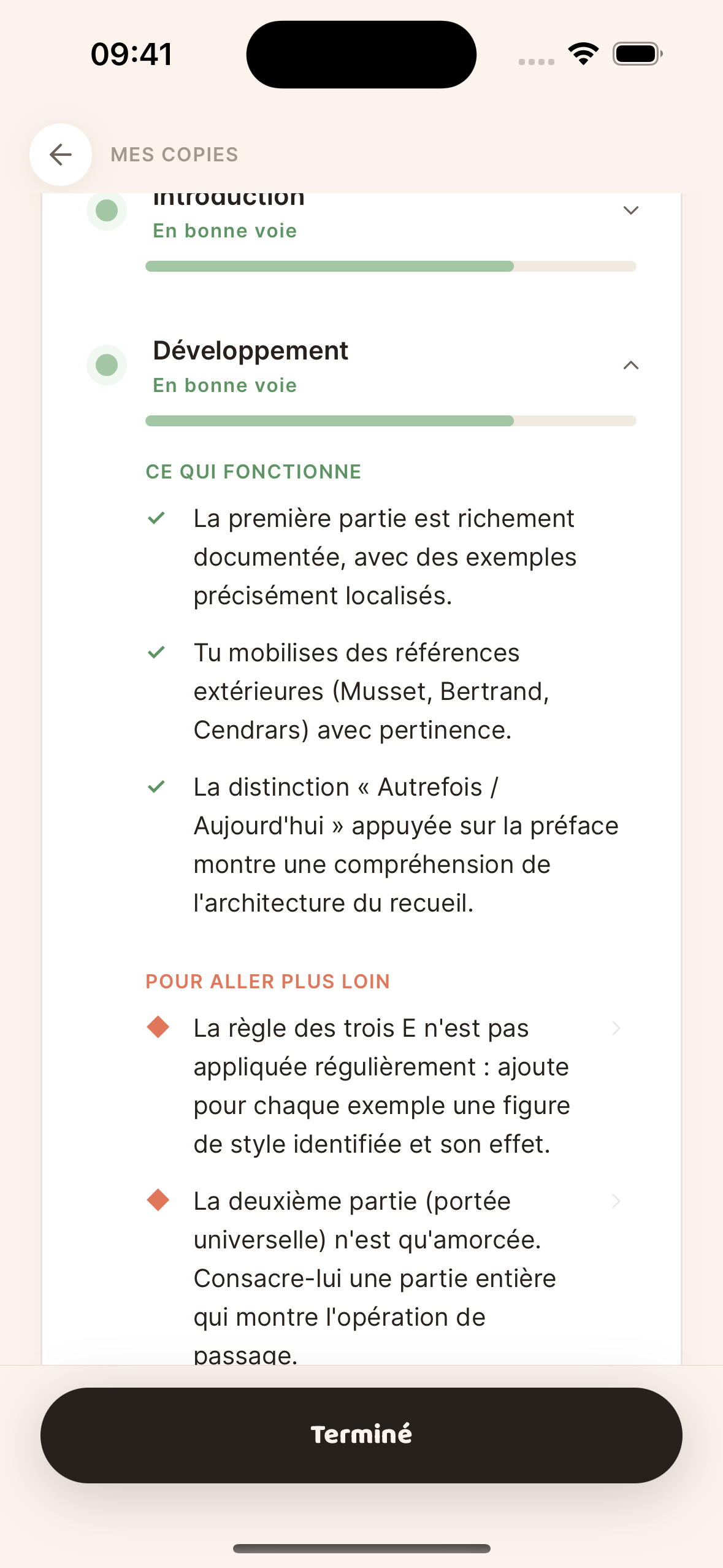 Détail d'un critère : remarques ancrées sur des lignes précises de la copie