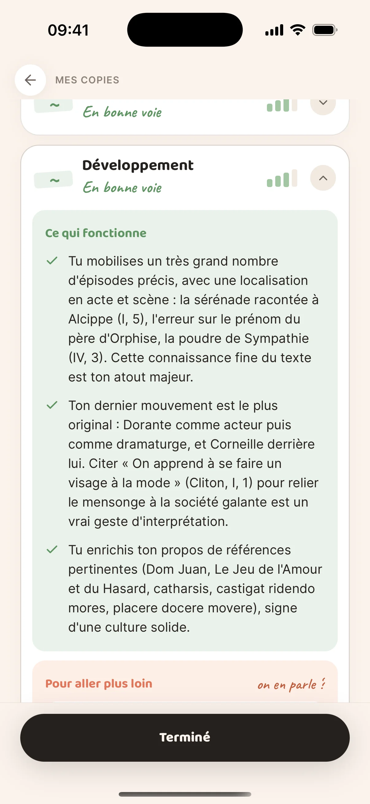 Correction de la section Développement : ce qui fonctionne, avec des renvois précis aux scènes citées dans la copie