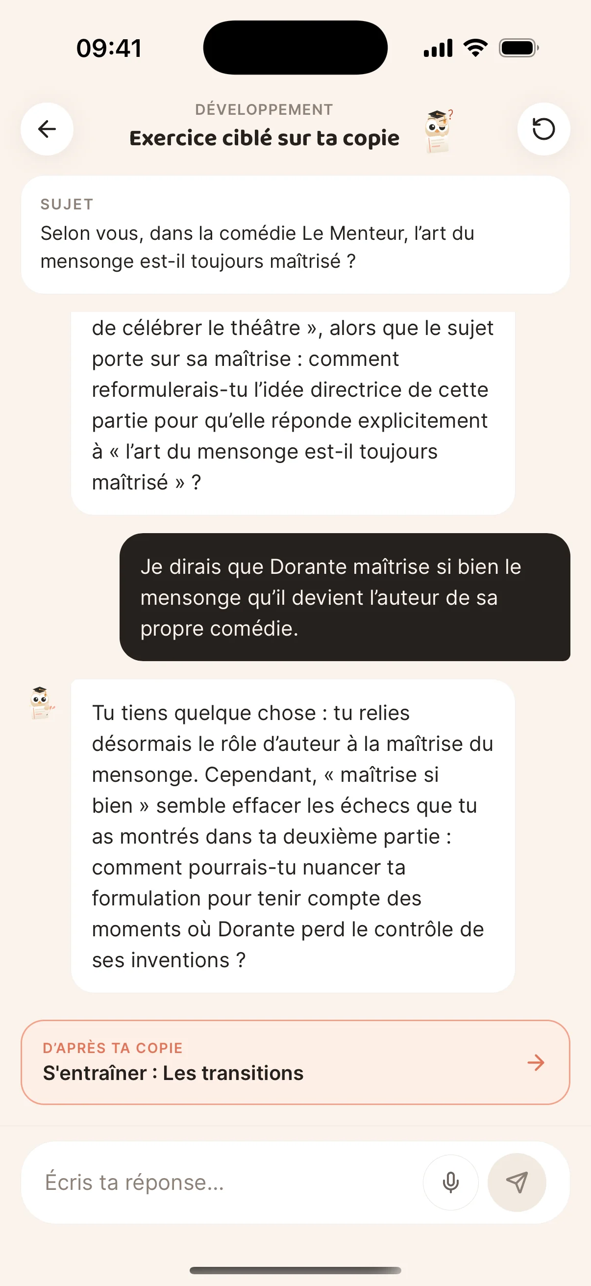 Exercice ciblé sur ta copie : le tuteur pose des questions pour aider l'élève à reformuler son idée directrice