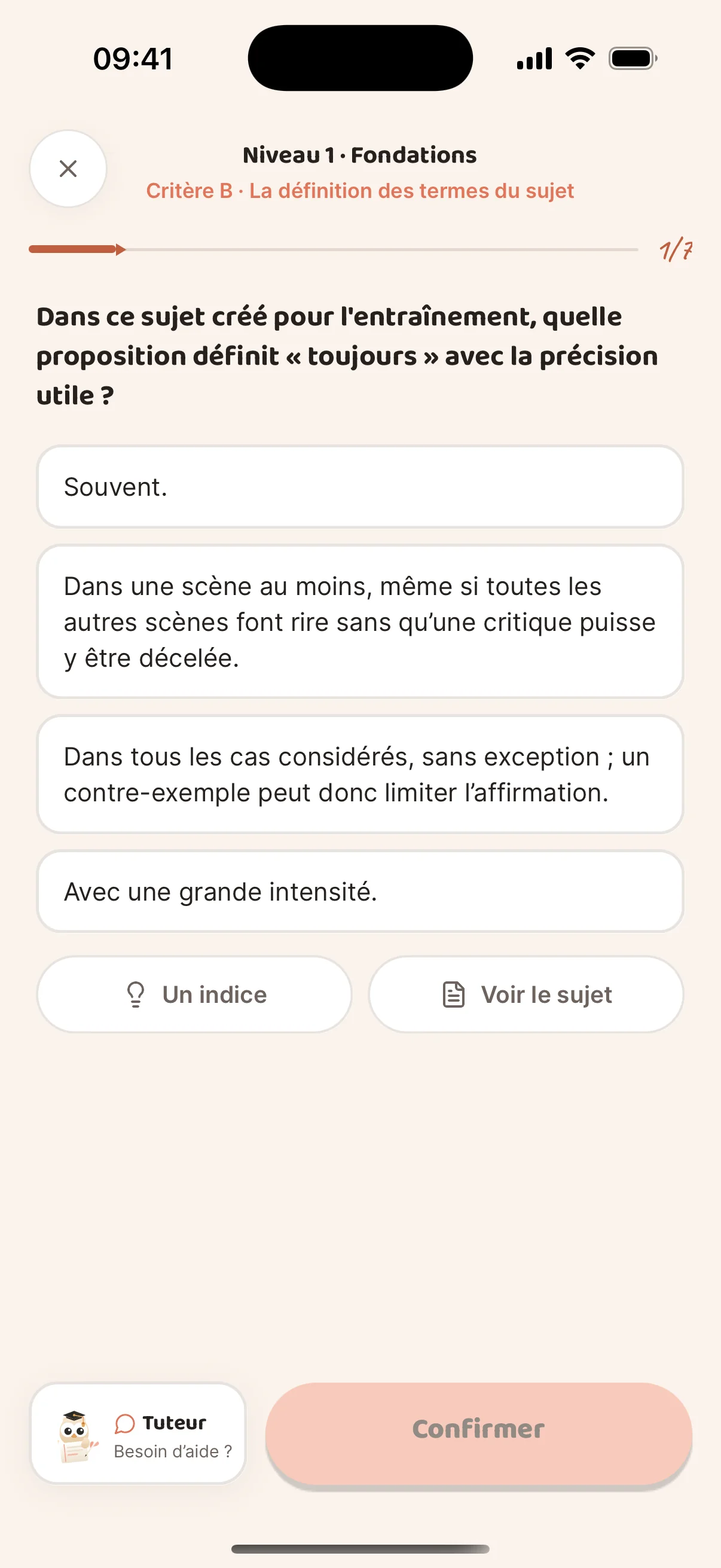 Exercice de niveau 1 sur la définition des termes du sujet, question 1 sur 7, avec un indice et l'aide du tuteur