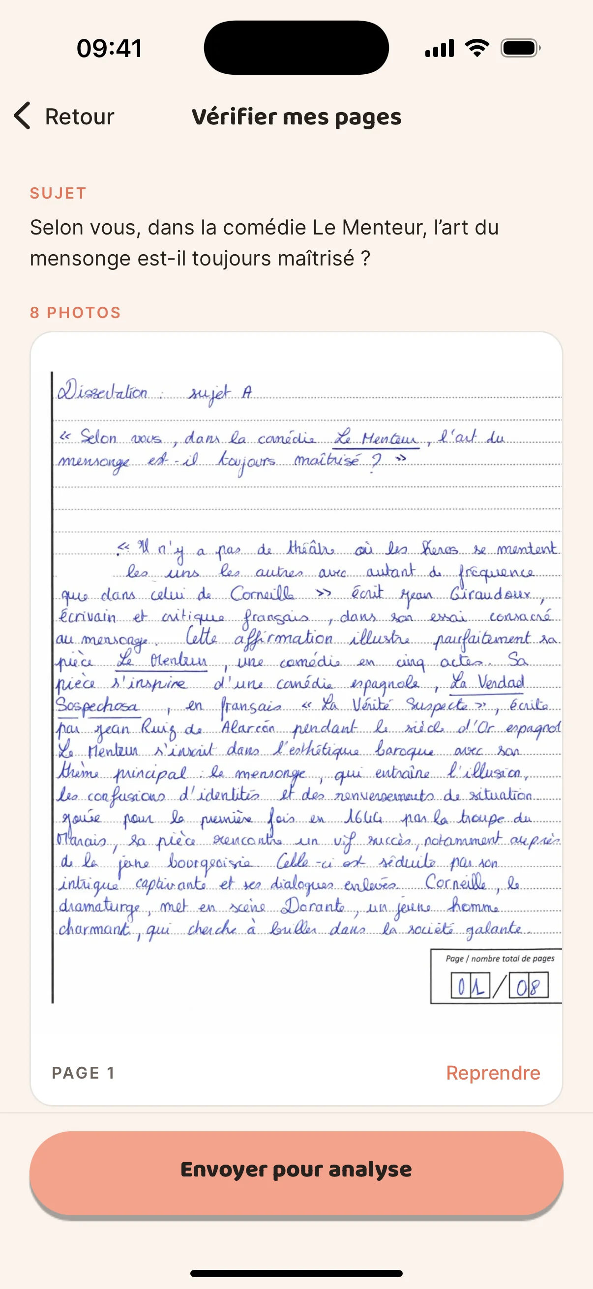 Écran Vérifier mes pages : le sujet sur Le Menteur et la première page manuscrite de la copie, prête à être envoyée pour analyse