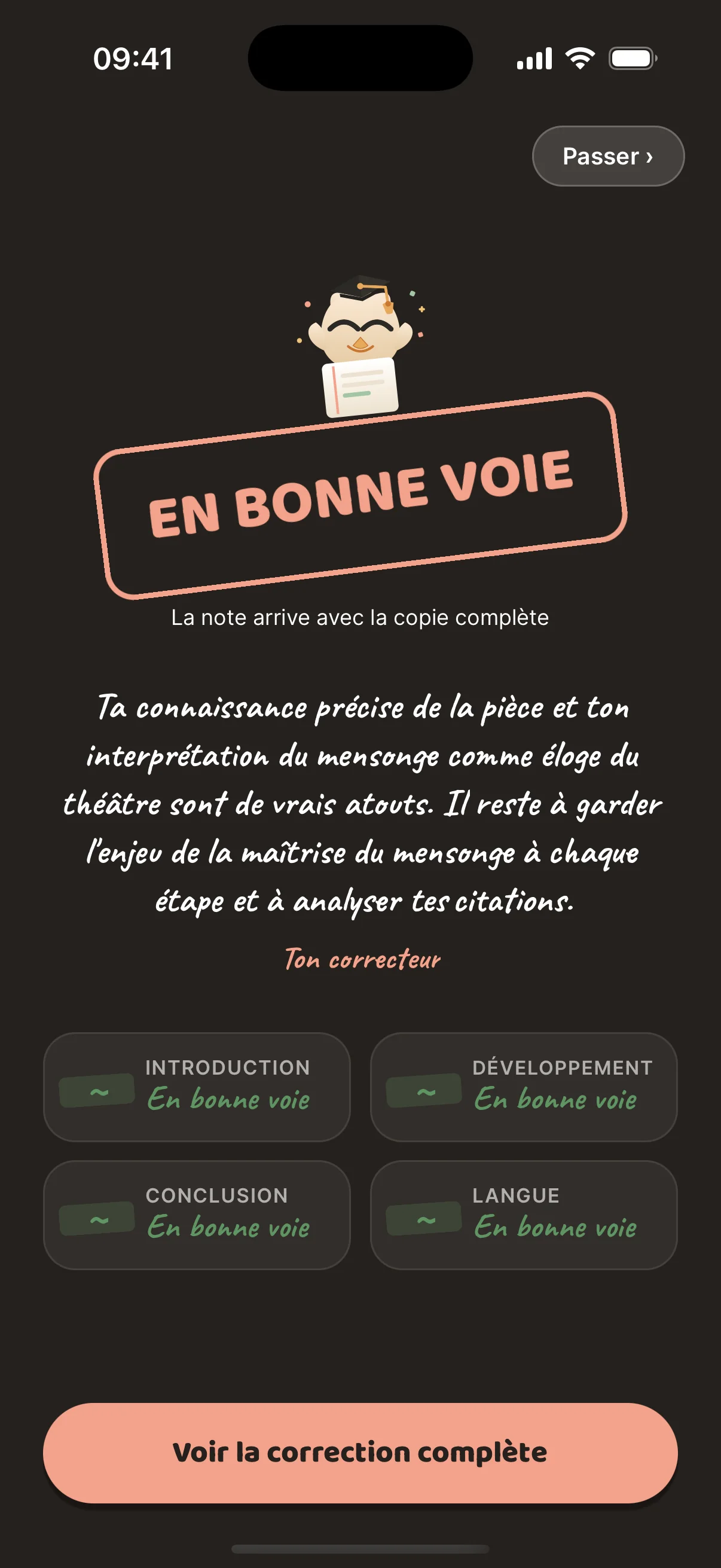 Verdict de la copie : tampon En bonne voie, mot du correcteur et bilan des quatre sections, introduction, développement, conclusion et langue